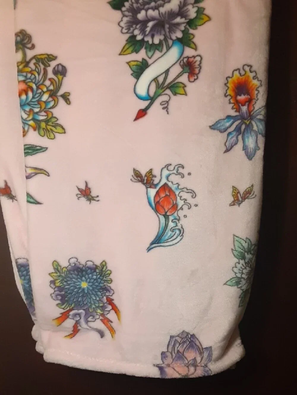 Ed Hardy Soft Pink Throw Blanket with colorful Floral Patterns